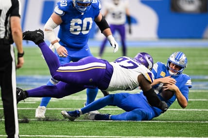 Javon Hargrave sacks Jared Goff during the third quarter of the Vikings’ divisional game against the Lions.
