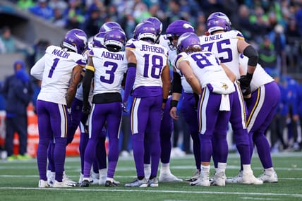 Vikings players in 2025 at Lumen Field in Seattle.
