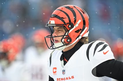 Joe Burrow on sideline before Bengals vs Bills game at Highmark Stadium