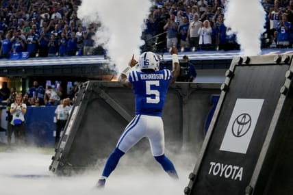 Indianapolis Colts quarterback Anthony Richardson takes the field before kickoff against the Jacksonville Jaguars on Sept. 10, 2023, at Lucas Oil Stadium in Indianapolis, preparing for his regular-season debut as the franchise’s young signal-caller while fans fill the stadium for an AFC South matchup. Mandatory Credit: Jenna Watson-USA TODAY NETWORK.