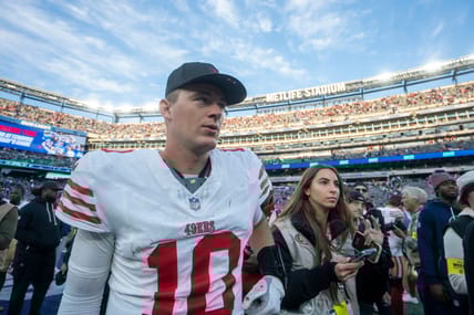 Mac Jones walks off the field after a 49ers road game against the Giants at MetLife Stadium.