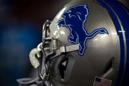 A Detroit Lions helmet in the preseason of 2018 at Tampa Bay