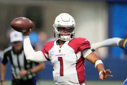 Kyler Murray throwing a pass during a Cardinals game against the Los Angeles Rams at SoFi Stadium.