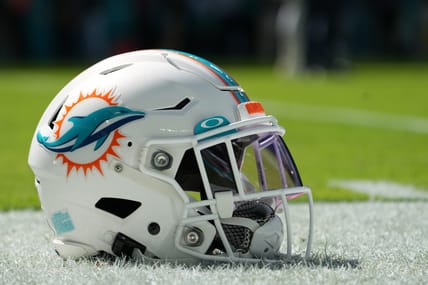 Dolphins helmet in 2021 before a game against the Titans.