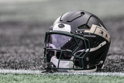 A New York Jets helmet in 2025 before a game against the Dolphins