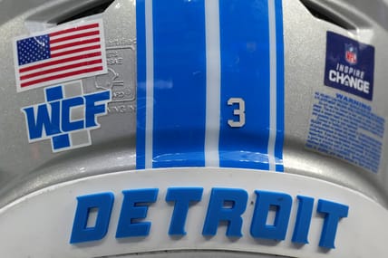 A Lions helmet in 2025 before a game against the Rams