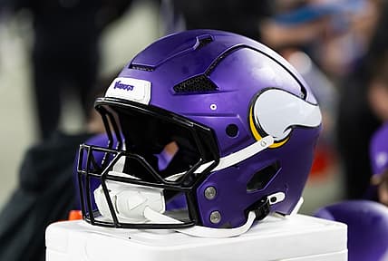 Close-up of a Minnesota Vikings helmet during the 2025 NFC wild card game.