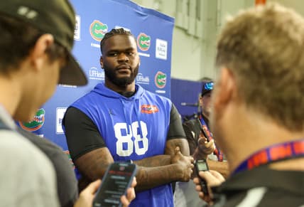 Caleb Banks speaks to media at Florida Pro Day after workouts at Sanders Practice Fields.