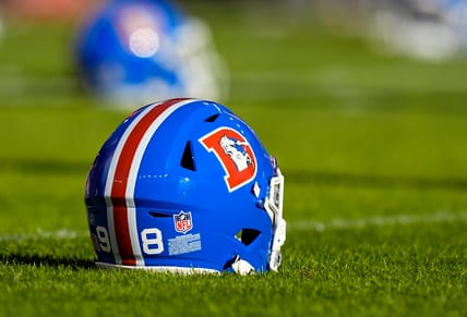 Denver Broncos helmet in 2025. Former Vikings WR Trent Sherfield signed with the Broncos in March.