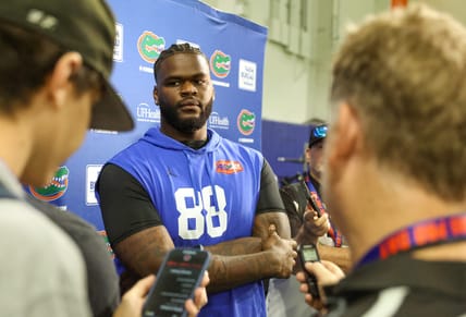 Caleb Banks speaks to media at Florida Pro Day after workouts at Sanders Practice Fields.