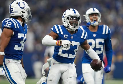 Kenny Moore II celebrates after an interception during a game against the Rams at Lucas Oil Stadium.