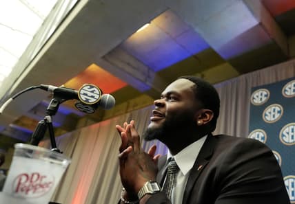 Caleb Banks speaks to media during SEC Media Days in Atlanta.