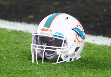 Miami Dolphins helmet on the field in 2020 before a Raiders game