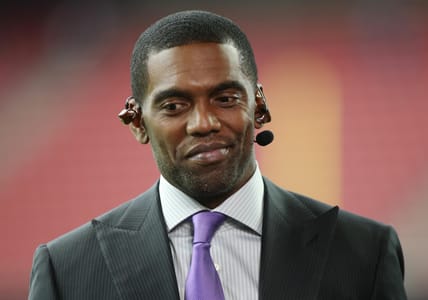Randy Moss on the sidelines before a 2019 AFC Wild Card game in Houston.