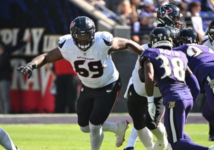 Ed Ingram blocks against Keyon Martin during Texans-Ravens at M&T Bank Stadium.