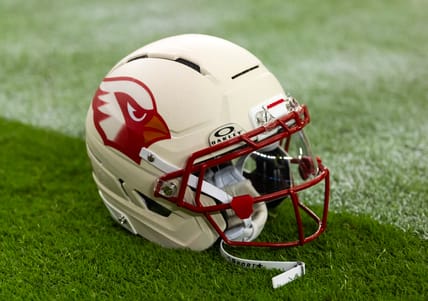 A Cardinals helmet on the field in 2025