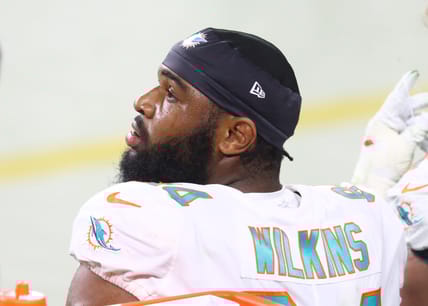 Christian Wilkins lines up on the defensive line during a Dolphins game against the Raiders at Allegiant Stadium.