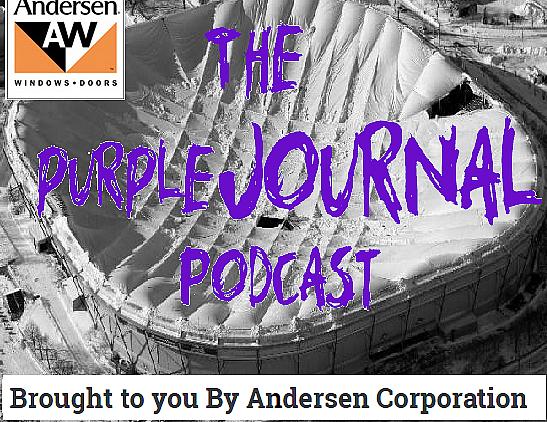 The Purple Journal Podcast logo with Andersen Corporation branding and stadium aerial view.