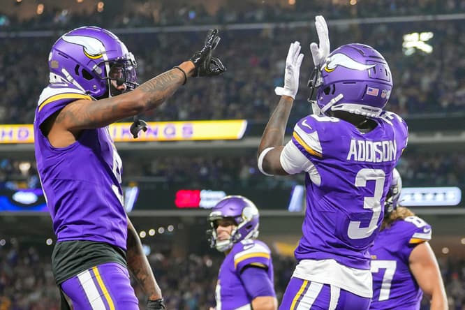 Jordan Addison celebrates a first-quarter touchdown against the 49ers.