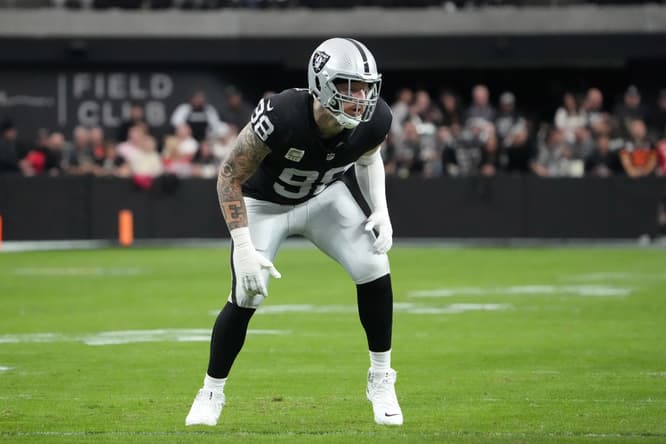 Maxx Crosby of the Las Vegas Raiders looks on during a game against the Kansas City Chiefs. NFL predictions