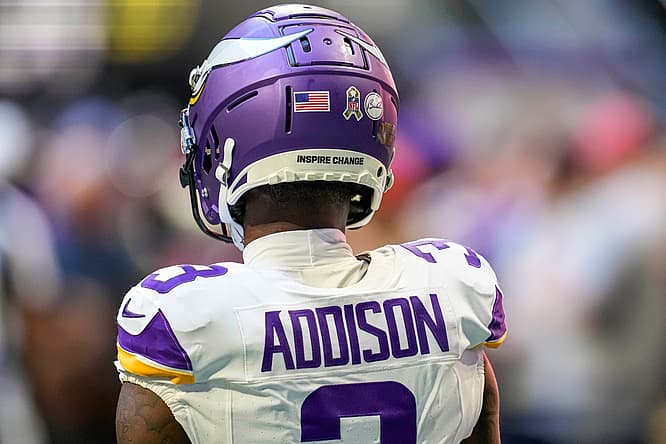 Jordan Addison on field before Vikings-Falcons game in 2023.