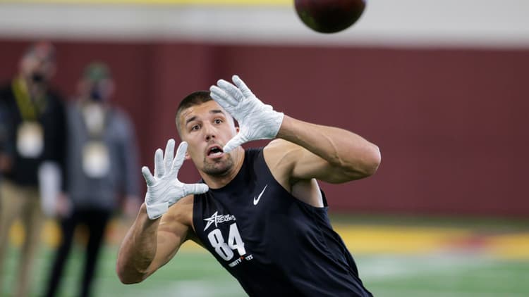 Tight end Shane Zylstra catches a pass during Minnesota NFL Pro Day workouts in Minneapolis.