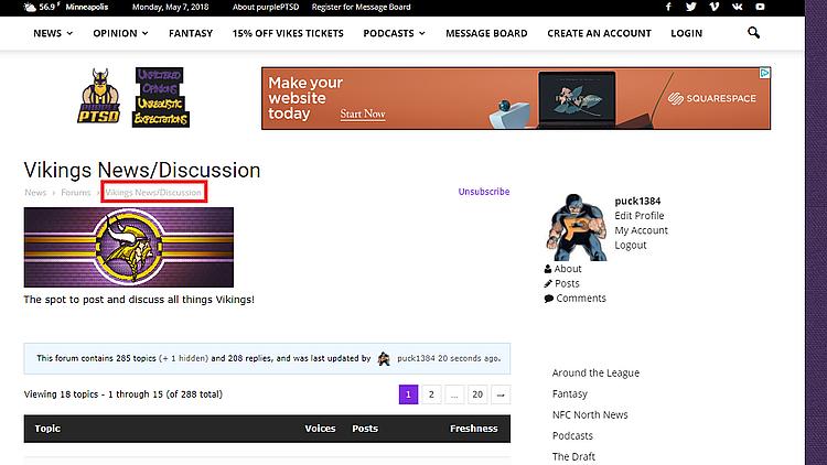 Vikings News/Discussion forum page with purple and gold team branding and logo.