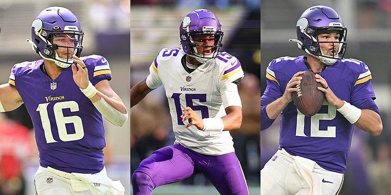 Three Minnesota Vikings quarterbacks in purple jerseys during game action.