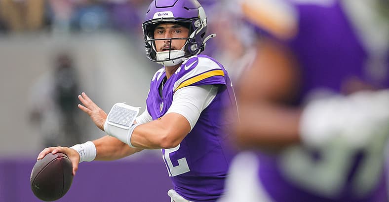 Max Brosmer tosses a pass during a Vikings preseason game against the New England Patriots.