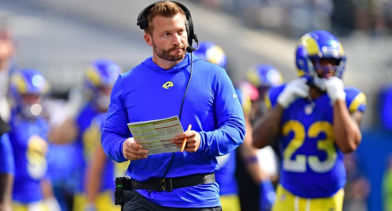 Sean McVay watches game action during a Rams matchup against the Philadelphia Eagles.