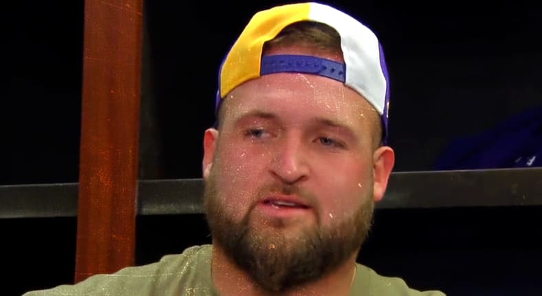 Dalton Risner lines up for the Vikings during his first start on October 23, 2023.