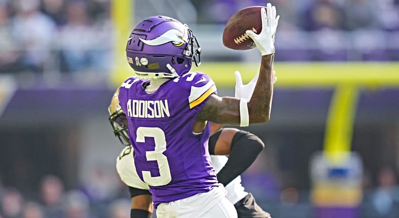 Jordan Addison makes a first-quarter catch for the Vikings against the Saints at U.S. Bank Stadium.