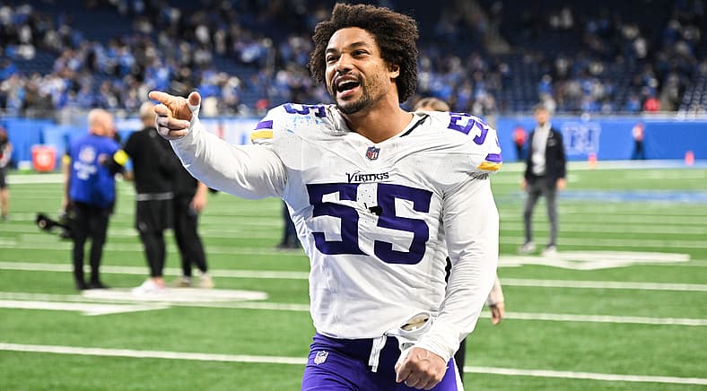 Eric Wilson celebrates after a Vikings win in Detroit.