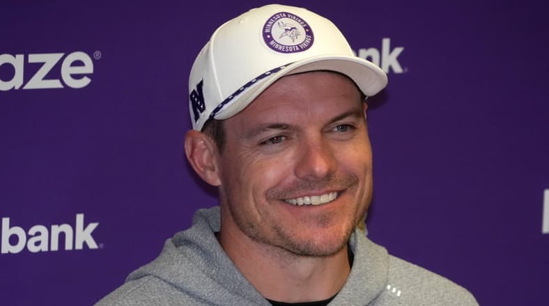 Kevin O’Connell speaks at a press conference in Dublin, Ireland after Minnesota Vikings game.