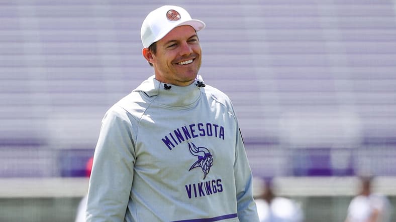 Kevin O'Connell watches practice during Vikings mandatory minicamp at TCO Performance Center. Nolan Teasley
