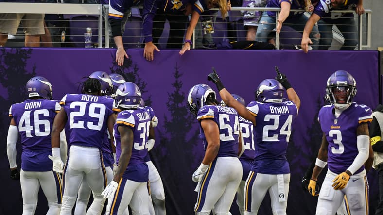 Vikings players celebrate with fans late in a win over the Lions.