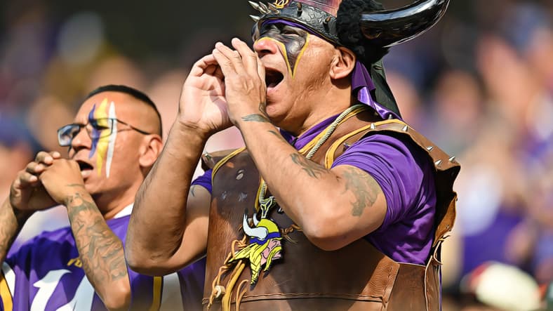 Vikings fans react in the stands during a game against the Chicago Bears at U.S. Bank Stadium.