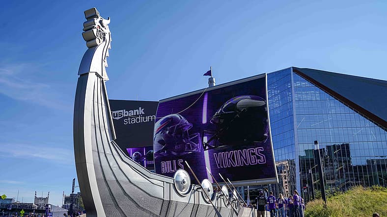 Exterior view of U.S. Bank Stadium and the Viking ship display in downtown Minneapolis.
