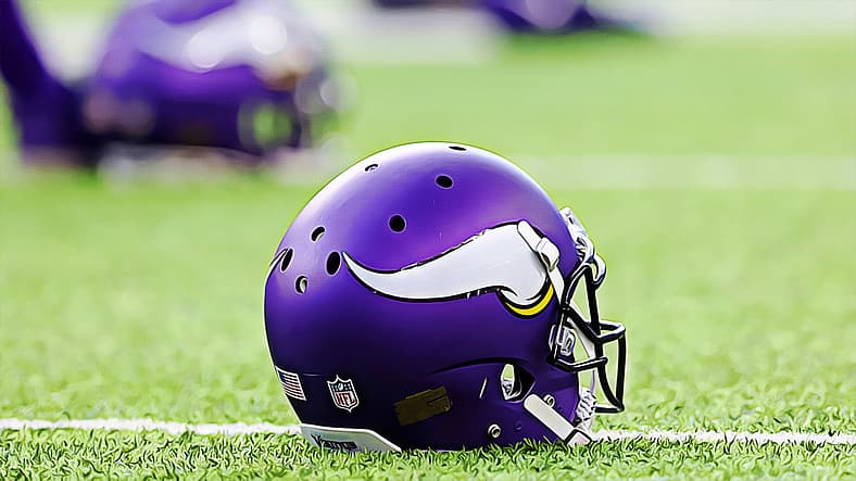 A Minnesota Vikings helmet on the field at TCO Performance Center.