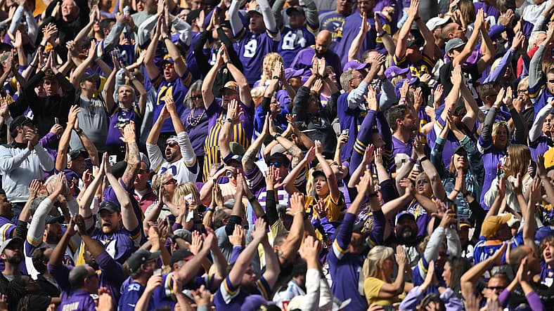 Vikings fans react during a game against the Lions at U.S. Bank Stadium.