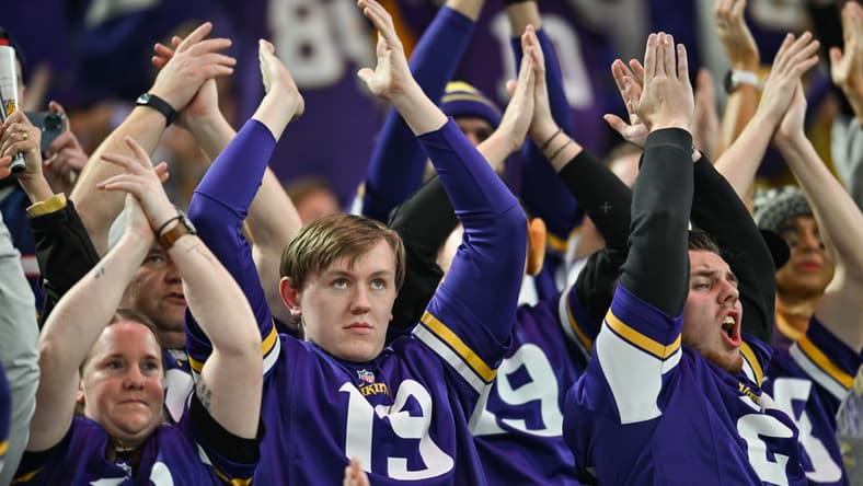 Minnesota Vikings fans react during a Thanksgiving game against the New England Patriots at U.S. Bank Stadium.