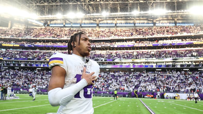 Justin Jefferson celebrates after a Vikings win against the Giants at U.S. Bank Stadium.