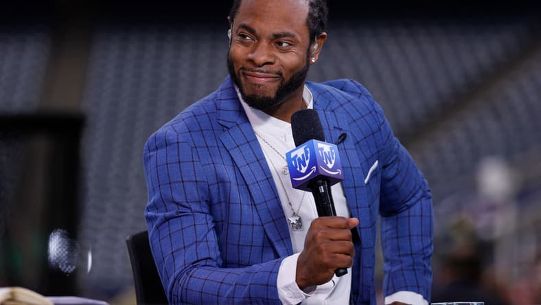 Richard Sherman on the broadcast set before the Texans vs. 49ers game in Houston.