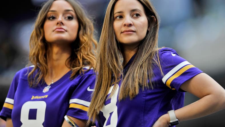 Vikings fans in the stands before a playoff game against the Giants.
