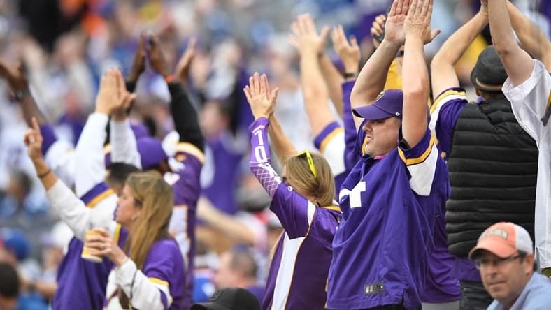 Vikings fans celebrate after a win against the New York Giants at MetLife Stadium.