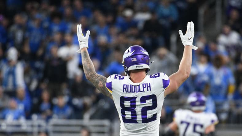 Kyle Rudolph celebrates during a Vikings game against the Lions at Ford Field in Detroit.