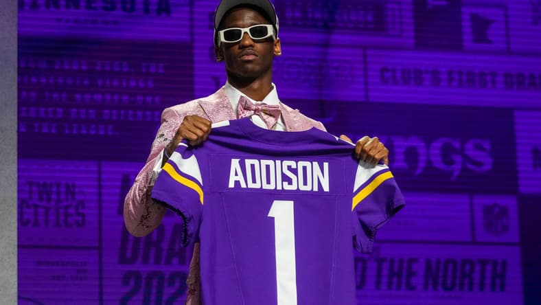 Jordan Addison stands on stage after being drafted by the Vikings in the first round of the 2023 NFL Draft. 2028 NFL Draft