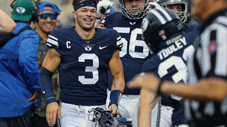Jaren Hall reacts after an interception during a BYU game against Idaho State at LaVell Edwards Stadium.