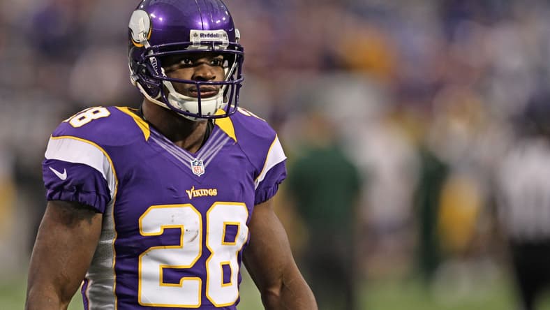 Vikings running back Adrian Peterson stands on the field against the Packers at the Metrodome.