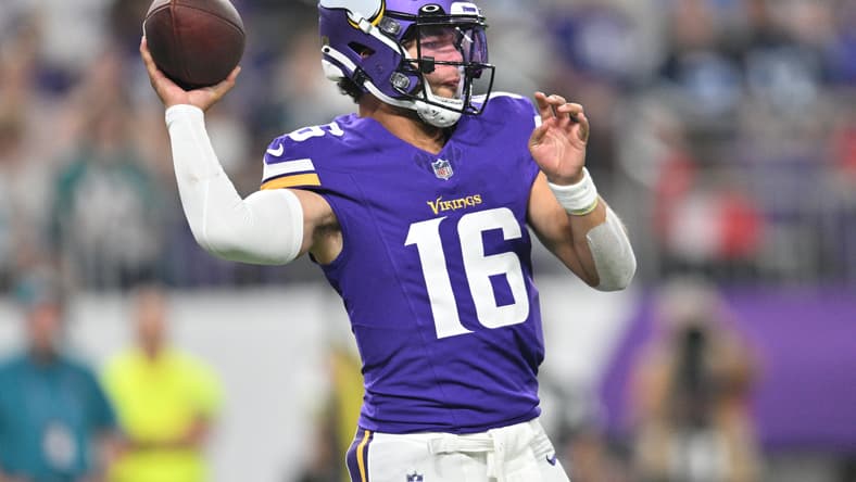 Jaren Hall throws a fourth-quarter pass during the Vikings-Titans preseason game at U.S. Bank Stadium.